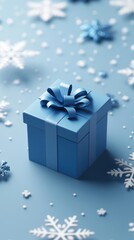 Blue Christmas Gift Box with Elegant Bow Surrounded by Snowflakes