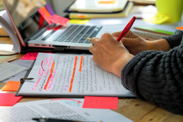 Editor marking corrections on printed manuscript, red pen and post-it notes in hand.