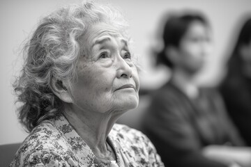 Senior Woman with Dementia in Thoughtful Moment - Black and White Photograph for Alzheimer's Awareness and Elderly Care Design.