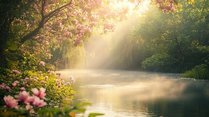 Obraz premium A serene landscape of a heavenly garden with blooming flowers, soft light, and a gentle mist over a calm river.