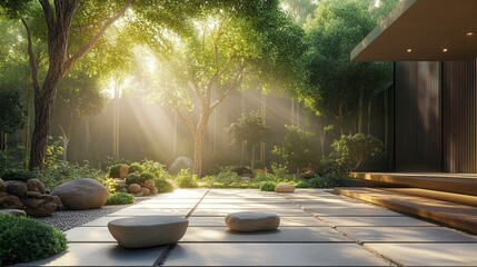Fototapeta premium Sun shining through trees in a japanese garden with a modern house