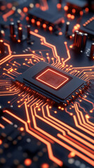 Close-up of a glowing microchip on a circuit board, symbolizing advanced technology and innovation in electronics and computing.