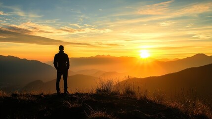 A silhouette of a man standing on a hilltop, watching the sunrise.