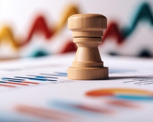 A wooden stamp placed on business documents with colorful charts, representing approval, analytics, and financial assessment.