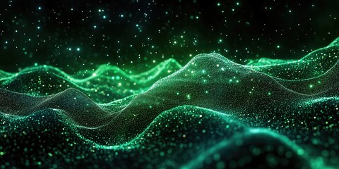 Moving Flow of Green Particles Flashing. Abstract Waveform Background for Digital Design and Art Projects.