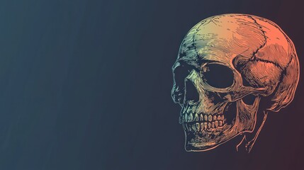 A simple outline of a skull with subtle color accents on a monochrome background, with space for text on one side.