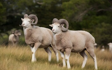 Obraz premium Portrait of Stud Merino Rams at Merino Stud, Capturing Majestic Sheep in Pastoral Landscape, Highlighting Unique Wool Characteristics and Breed Excellence