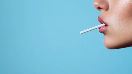 Obraz premium Close-up of a woman's profile with a cigarette in her mouth against a light blue background, showcasing modern lifestyle aesthetics.