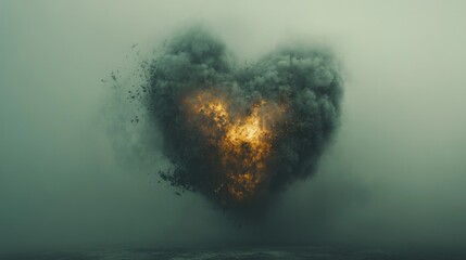 A heart-shaped explosion of fire and smoke, symbolizing intense emotion and destruction. 