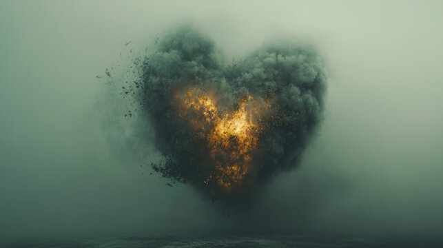 A heart-shaped explosion of fire and smoke, symbolizing intense emotion and destruction.
