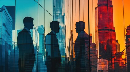 Business team blending into city skyline close up, focus on, copy space with vibrant reflections on glass buildings Double exposure silhouette with urban towers