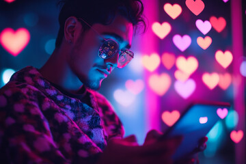 happy enjoying feeling concept, man holding tablet with virtual heart