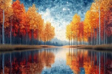 vibrant mosaic depicting autumn forest geometric glass fragments in warm hues 3d rendered digital art with yellow trees and sky abstract pattern radiating seasonal beauty