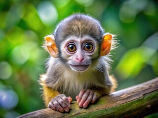 Fototapeta premium Tiny, curious primate with dense fur and expressive eyes perches on a branch in its natural habitat.