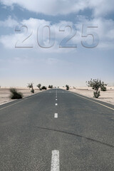 Text "2025" written in the sky above a desert road between dunes, symbolizing a new year of planning, challenges, and business growth ahead