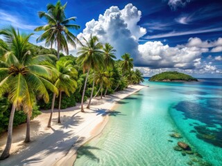 Vibrant palm trees swayed gently above the softly glowing white sand, as crystal-clear turquoise waters lapped at the shore, inviting relaxation and tranquility.