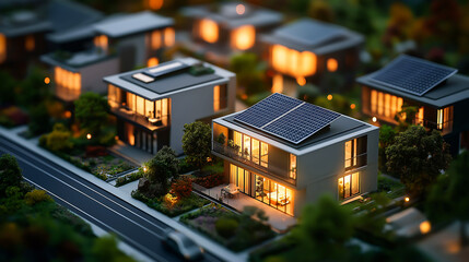 Miniature model residential, townhouse, downtown buildings install solar panels cells on the roof. Renewable solar wind power concept	