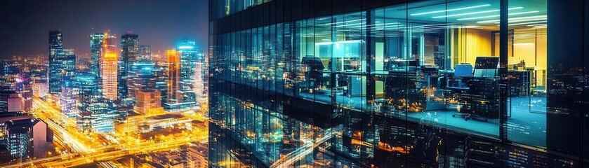 Fototapeta premium Busy office interior blending with cityscape at night close up, focus on, copy space with colorful urban lights Double exposure silhouette with vibrant downtown