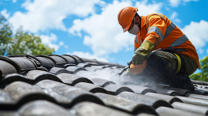 Worker in protective gear, pressure washing, maintaining roof tiles, outdoor, cleaning concept