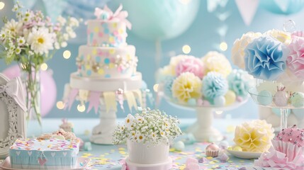 Visualize a baby shower table decorated with soft pastel confetti, creating a charming and welcoming atmosphere