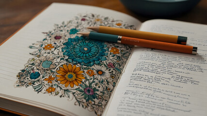 Colorful Floral Illustration in a Journal with Pencils