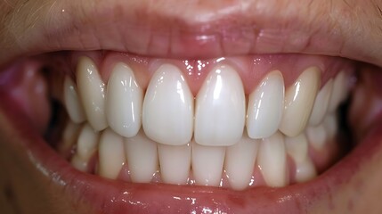 Fototapeta premium Close-up view of a person's smile, showcasing healthy and bright white teeth.