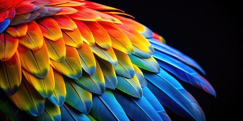 Fototapeta premium Close up of vibrant plumage of tropical macaw against black background, beautiful, colorful, feathers, parrot, bird, close up