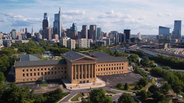 Drone video of Philadelphia Skyline and Museum of Art.