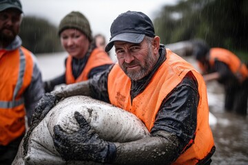 Fototapeta premium A group of dedicated volunteers in orange vests work with determination, piling sandbags to form a barrier against flooding, showcasing unity and community spirit.