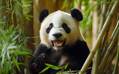 A playful panda enjoying a bamboo snack in a lush green forest, showcasing its unique black and...