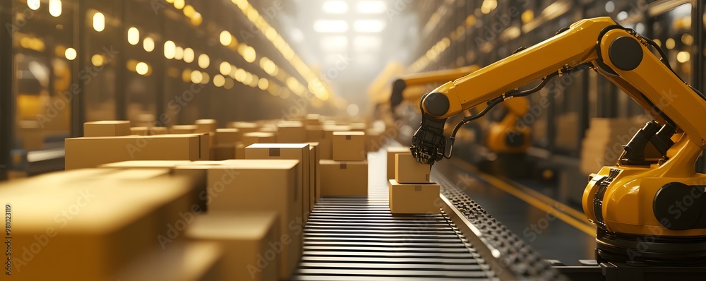 Poster a robotic arm efficiently sorting packages in a modern warehouse environment, symbolizing automation