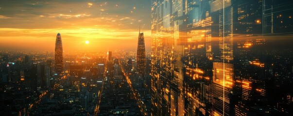 Obraz premium Corporate world merging with futuristic city skyline close up, focus on, copy space during sunset Double exposure silhouette with glowing streets