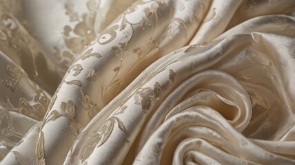 A close-up view of elegant beige satin fabric with intricate floral pattern, displaying its smooth texture and delicate patterns.