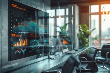 Sophisticated office environment with transparent screen showing swot analysis