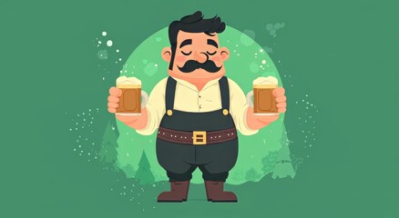 Cartoon man holding two beer mugs, smiling with a cheerful vibe.