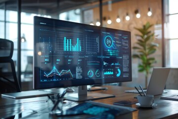 Sophisticated office environment with transparent screen showing swot analysis