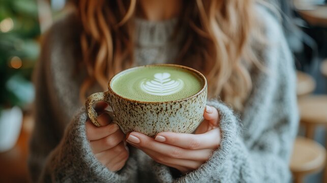 Woman holding cup of matcha latte with latte art in cafe
