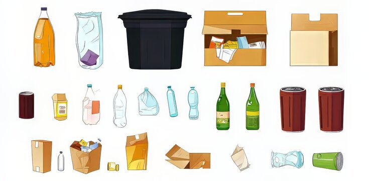 Illustration of various recyclable and non-recyclable waste items.
