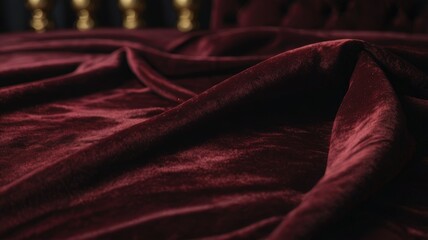 A close-up view of rich burgundy velvet fabric with soft, luxurious folds, showcasing its texture and depth.