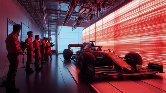 Motorsport team analyzing racecar performance with augmented reality