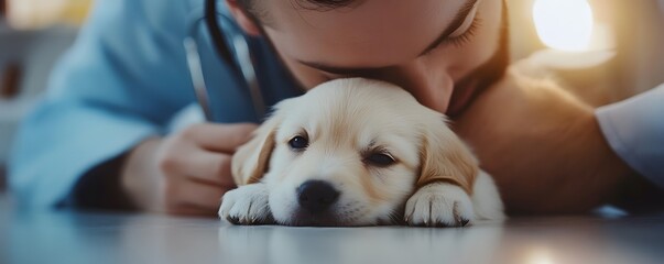 A veterinarian lovingly interacts with an adorable puppy, creating a heartwarming moment of care and connection in a clinic.