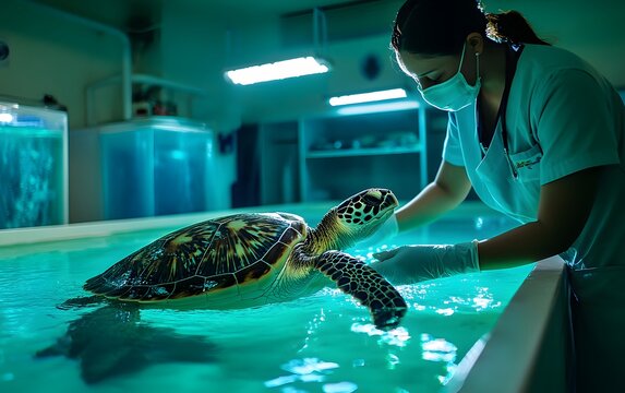 A veterinarian caring for a sea turtle in a rehabilitation center, focused on marine wildlife conservation and care.