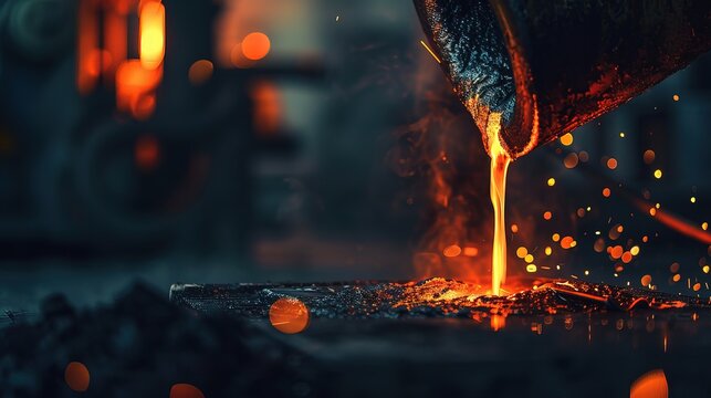 Foundry worker pouring molten metal into mold, capturing intense heat and precision of metalworking process with glowing liquid metal contrasting against dark industrial background.