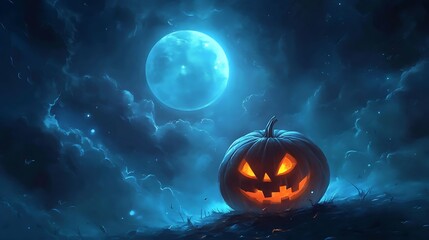 Naklejka premium Glowing Halloween Pumpkin Under a Full Moon with Enchanting Night Sky