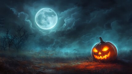 Naklejka premium Glowing Halloween Pumpkin Under a Full Moon with Enchanting Night Sky