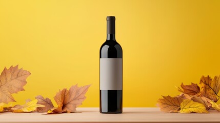 A wine bottle mockup displayed on a table with golden autumn foliage in the background, perfect for a seasonal beverage campaign.