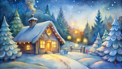 Joyful holiday scene background with a cozy cabin, winter landscape with copy space
