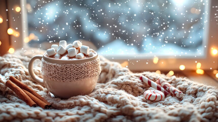 A warm cup of hot cocoa with marshmallows sits on a cozy knitted blanket near a glowing window as...