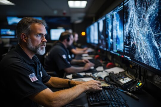 Technicians in a control room analyze multiple screens displaying storm data, demonstrating vigilance and dedication to ensuring public safety during severe weather conditions.
