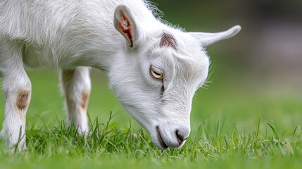 Obraz premium An intimate shot of a goat grazing on bright green grass, focusing on the animal's gentle expression and the sharp contrast between its fur and the greenery.